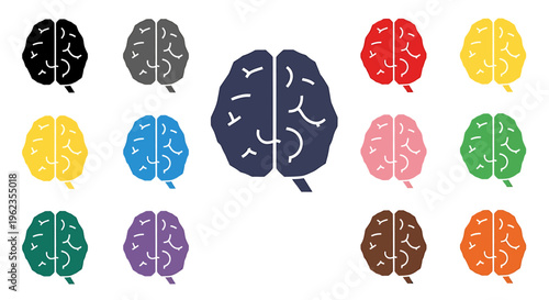 Collection of colorful brain icons in various shades, including a prominent blue one, representing thought, intelligence, and mental processes.