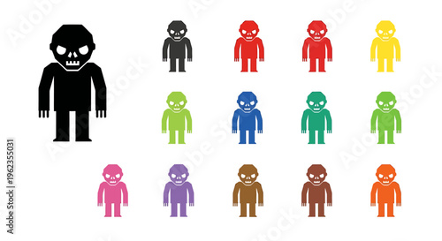 A collection of cartoon zombie or monster figures in various colors, including black, red, yellow, green, blue, pink, purple, brown, and orange, on a white background.