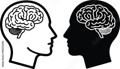 The image depicts two human head profiles one light and one dark each containing a detailed brain illustration inside high quality