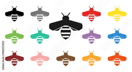 A collection of stylized bee icons in various colors, including a large black bee at the center, against a white background.