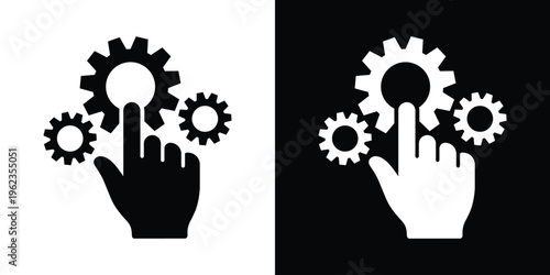 Vector icon of a hand clicking on a large gear wheel, symbolizing manual settings, system interaction, process control, and technical optimization. Simple flat black and white design.
