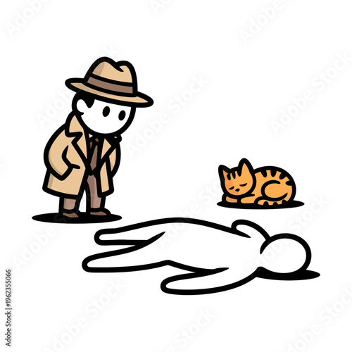 Detective Man Looking at Dead Body with Orange Cat Nearby