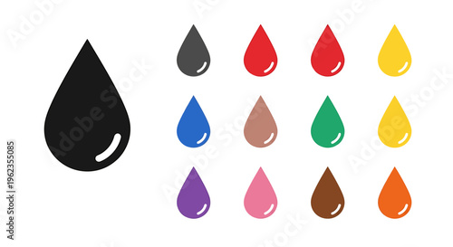 A collection of colorful teardrop or water drop shapes, including a large black one and smaller drops in various hues.