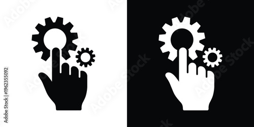 Vector icon of a hand clicking on a large gear wheel, symbolizing manual settings, system interaction, process control, and technical optimization. Simple flat black and white design.