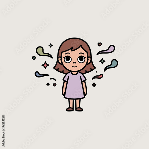 Sad Little Girl with Question Marks and Sparkles