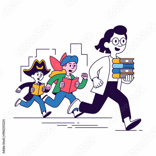 Children Running with Books in City