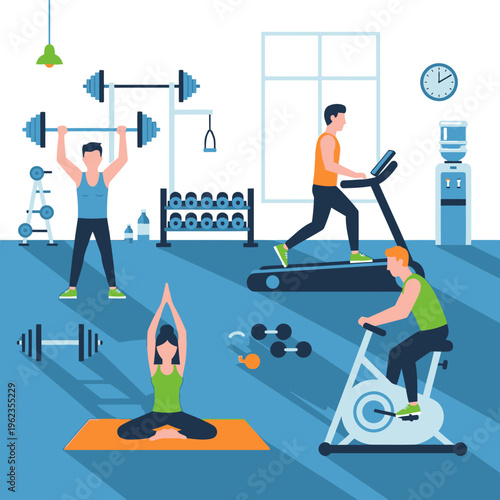 Diverse people exercising in a modern gym: weightlifting, cardio, yoga, cycling