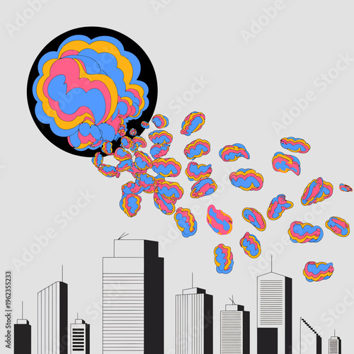 Colorful Brain Waves Escaping Cityscape Skyline