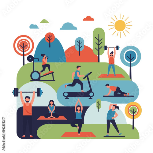 Diverse people exercising outdoors in a park with fitness equipment and nature elements