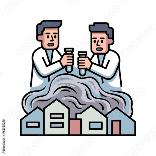 Two Scientists Reacting to Smoking Toxic Waste on Houses