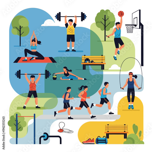 Diverse people exercising outdoors in a park: yoga, weightlifting, running, basketball, jump rope