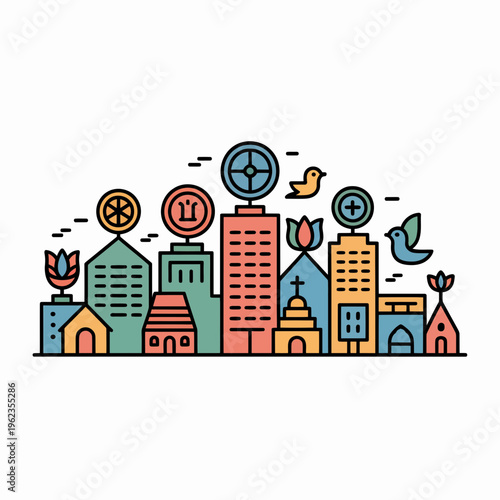 Colorful Cityscape with Eco Friendly Icons and Birds