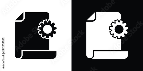 Professional icon showing a paper sheet with a gear overlay. Represents document processing, automated reporting, file management settings, and technical documentation workflow.