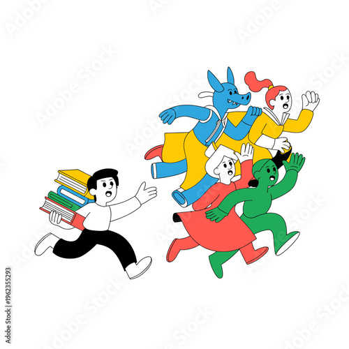 Man Running with Books Chased by Colorful Monsters