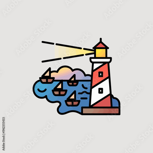 Lighthouse Guiding Sailboats at Sunset