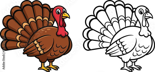 A charming illustration depicts a turkey in both a fully colored version and a black and white outline showcasing its detailed plumage