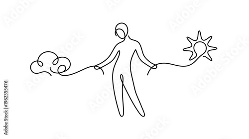 Person Pulled by Darkness and Light Strings, Life Choice Concept, Single Line Art
