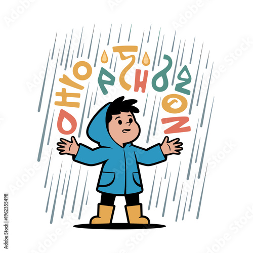 Boy in Blue Raincoat Standing in Rain with Colorful Raindrops