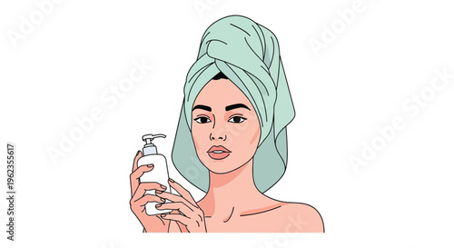Woman with towel on head holding skincare product in minimalist illustration for beauty advertising