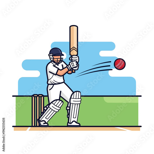 Cricket batsman hitting a red ball during a match, action shot, outdoor sport, healthy lifestyle