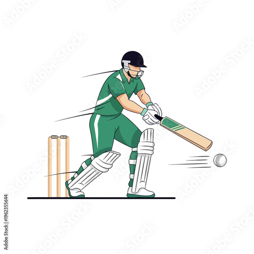 Cricket batsman hitting ball, action shot, sports equipment, green uniform, white pads