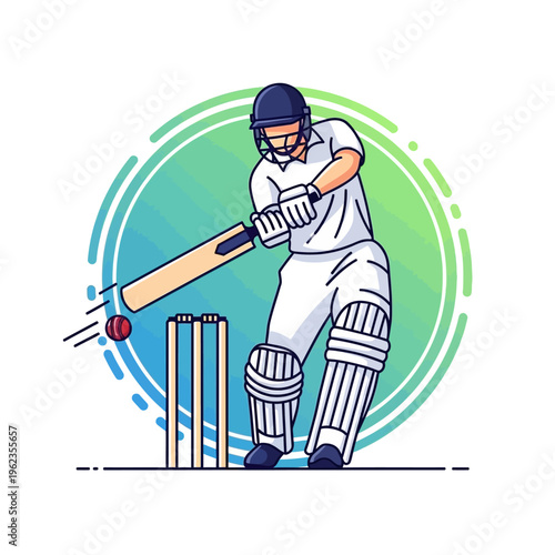 Cricket batsman hitting ball, action shot, sports concept, stadium background