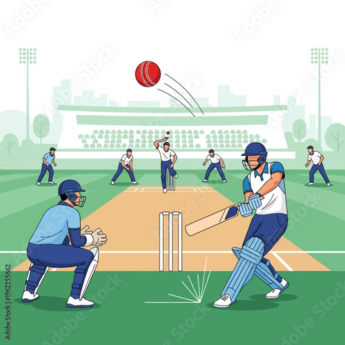 Cricket match action: batsman hits ball, bowler, wicketkeeper, fielders on stadium field