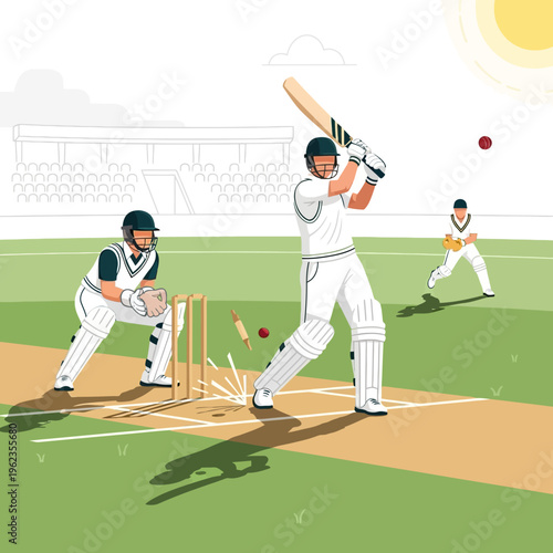 Cricket match action: batsman hitting ball, wicketkeeper ready, stadium background, sunny day