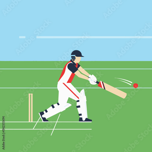 Cricket Player Batting Action Shot on Green Field