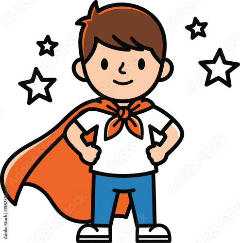 A cheerful young boy with a vibrant red cape and a determined expression stands proudly surrounded by twinkling stars high quality