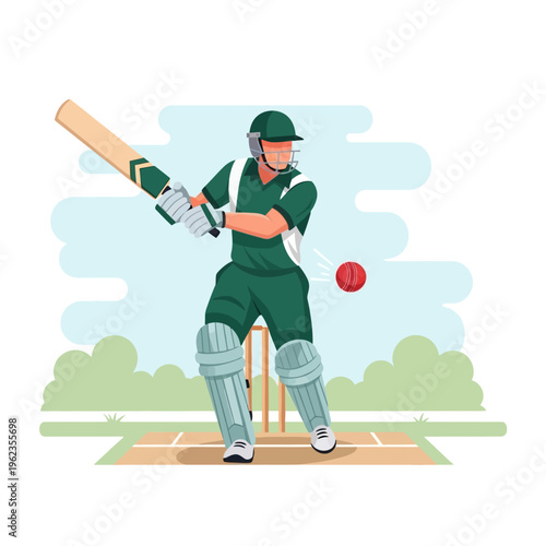 Cricket Player Batting Action Shot, Sports Game, Outdoor Activity, Athlete in Uniform