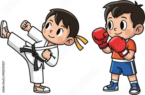 two cheerful young boys are depicted practicing martial arts one executing a kick and the other boxing showcasing youthful energy