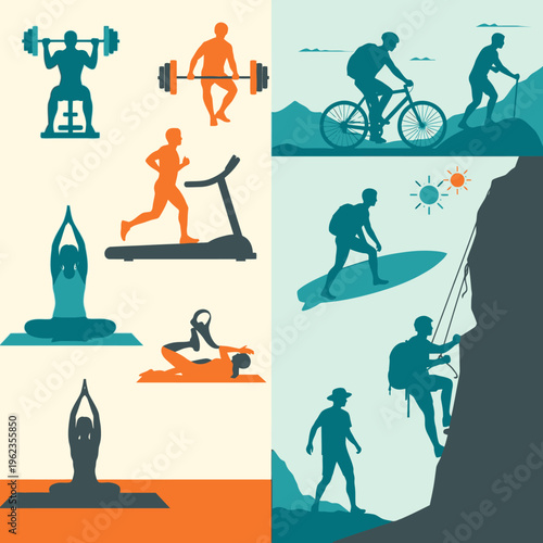 Diverse Fitness and Outdoor Activities Collage: Yoga, Weightlifting, Running, Cycling, Hiking, Surfing, Climbing
