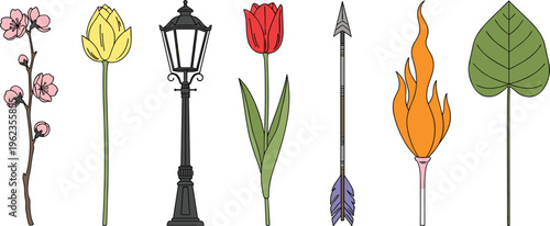 Mixed Illustration Set with Tulip Flowers Street Lamp Arrow Fire and Leaf Elements Minimal Flat Design Collection for Creative Decorative Graphics