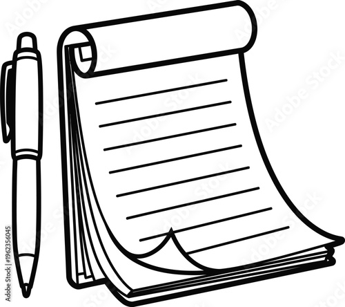 a black and white illustration depicts a pen laying beside a notepad with lined paper suggesting writing or note taking
