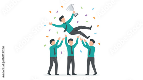 Business team celebrating success with trophy and confetti, vector illustration
