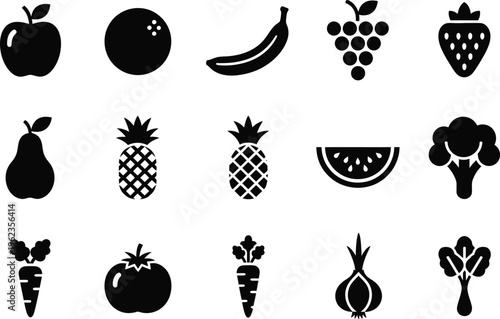 a collection of various black silhouette fruit and vegetable icons including apples bananas grapes and broccoli high quality professional detailed modern