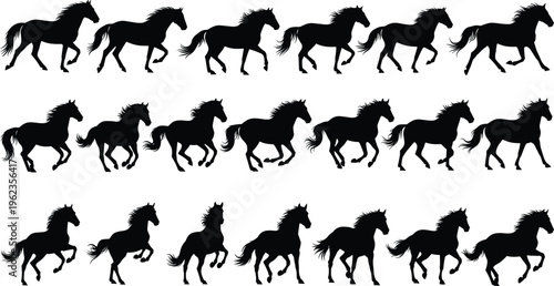 Running horse silhouettes collection with dynamic galloping poses, black equine shapes set, wild mustang motion sequence vector illustration isolated on white background