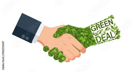 Two hands shaking with green leaves on the handshake, symbolizing a green deal.