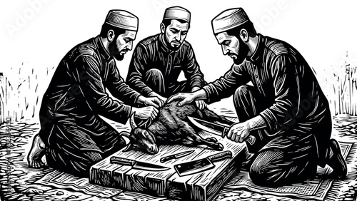 Three men performing ritual animal sacrifice with knives.