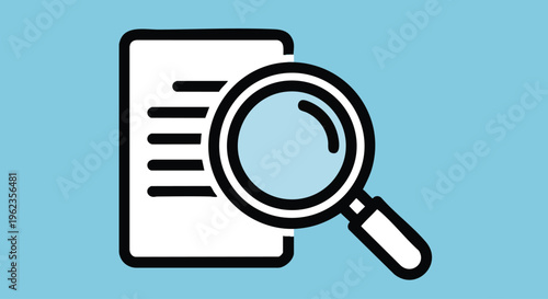 A document-shaped object with lines is closely examined by a magnifying glass, set against a soft, light-blue background