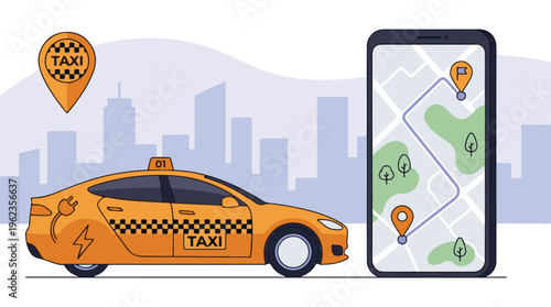 Modern electric taxi car and navigation on smartphone app