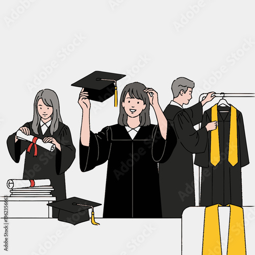 Graduation Ceremony Preparation and Celebration Scene.