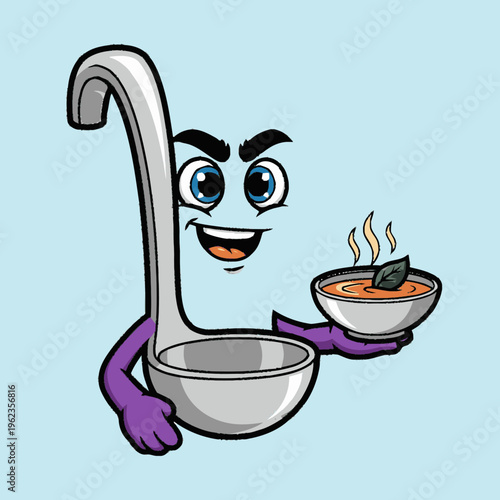 Cartoon Faucet Character Holding Soup Bowl.