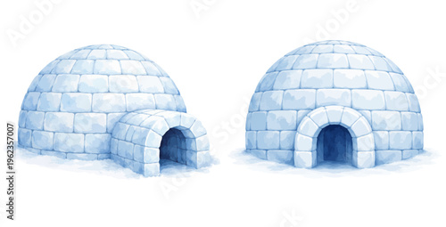 Watercolor igloo collection illustration with snowy ice houses isolated on white background.
