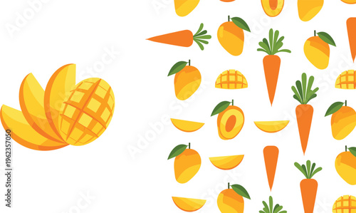 Mango and carrot seamless pattern with sliced mango pieces and vegetables colorful vector illustration isolated on white background