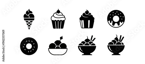 Dessert icons set on black background