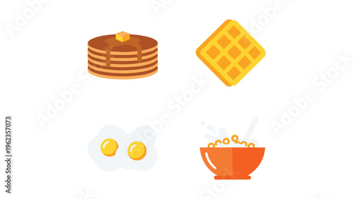 Assorted breakfast items including pancakes, waffles, fried eggs, and cereal with milk