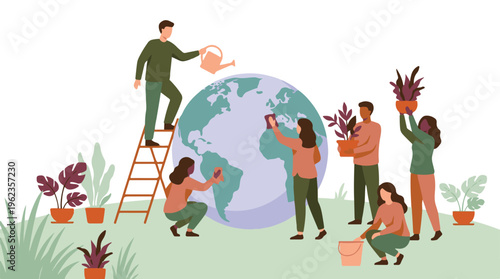 People caring for Earth: watering, cleaning, and planting for environment