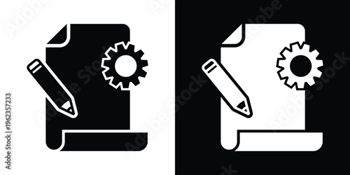 Paper with pencil and gear icon set. Vector illustration representing document configuration, content management, and technical writing. Available in black and white versions.